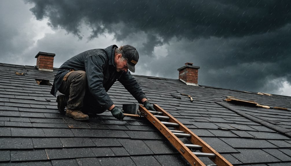 Licensed technician performing roof ventilation repair on an Avenel NJ residential property, inspecting ridge vent system along roof peak